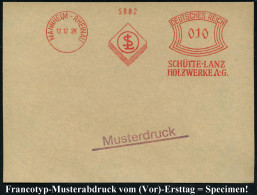 MANNHEIM-RHEINAU/ SL/ SCHÜTTE-LANZ/ HOLZWERKE AG. 1929 (12.12.) AFS-Musterabruck Francotyp "Bogenrechteck" (Firmen-Monog - Zeppeline