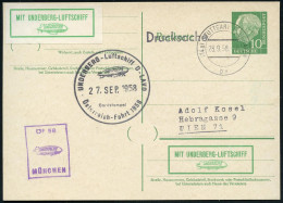 (14a) STUTTGART FLUGHAFEN/ Bx 1958 (28.9.) 2-Steg Auf Amtl.P 10 Pf. Heuss I, Grün + Zudruck: MIT UNDERBERG-LUFT-SCHIFF + - Zeppelines