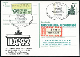 1000 BERLIN 12/ ILA'92/ Berlin-Brandenburg 1992 (15.6.) SSt = Stilis. Brandenbg. Tor (= Logo) Motivgl. PZD 60 Pf. Bavari - Avions