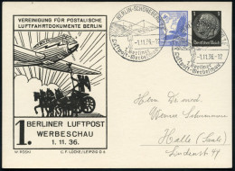 BERLIN-SCHÖNEBERG !/ 1.Berliner/ Luftpost-Werbeschau 1936 (1.11.) SSt = Lilienthal-Segel-Gleiter Auf PP 15 Pf. Adler + 1 - Airplanes
