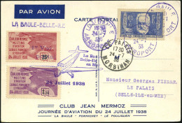 FRANKREICH 1938 (24.7.) Viol. 1K: LA BAULE/AEROPORT ,blaue Sonder-Kt.: CLUB JEAN MERMOZ/JOURNEE D'AVIATION.. + 2 Vign.:  - Avions