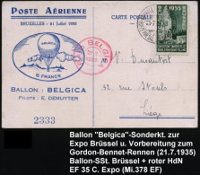 BELGIEN 1935 (21.7.) Ballon "Belgica", Sonderfahrt Expo Brüssel, EF 35 C. Expo (Mi.378 EF) = Vorbereitungsfahrt "Coupe G - Montgolfières