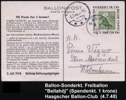 SCHWEDEN 1948 (4.7.) Freiballon "Bellahöj" (Haagsche Ballonclub) 1K: SKURUP , Ballon-Spenden-Sonder-Kt. N. Kopenhagen -  - Airships