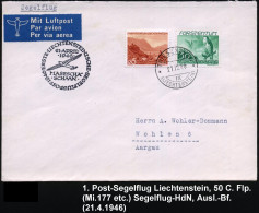 LIECHTENSTEIN 1946 (21.4.) 1. Liechtenst. Postsegelflug + Segelflug-HdN: MASESCHAA-/SCHAAN ,1K: TRIESENBERG Auf Flp. 50  - Vliegtuigen