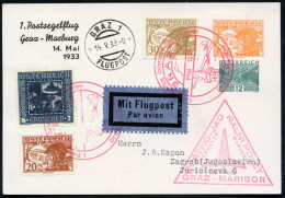 ÖSTERREICH 1933 (14.5.) PP 10 Gr. Pilot + 12 Gr. Traunsee: 1.Postsegelflug/Graz - Marburg, 2x Roter SSt:GRAZ (1x Mittig  - Airplanes