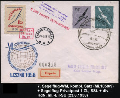 POLEN 1958 (23.6.) "7. Segelflug-WM", Kompl. Satz + Segelflug-Marke 1 Zl. + Entspr. SSt: LESZNO 1  + Div. HdN: BOCIAN SP - Airplanes