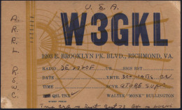 U.S.A. 1938 (5.5.) Zweifarbige QSL-Kt.: W3GKL, Richmonde, Va. (Funkstrahlen) Etw. Unfrisch, Übersee-Kt. N. Berlin  - FUN - Autres