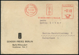 (1) BERLIN-WILMERSDORF 1/ SENDER FREIES BERLIN 1957 (14.5.) AFS Francotyp = Sender-Logo (Funkturm) Motivgl. Orts-Bf. (Dü - Otros