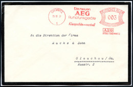 CHEMNITZ/ 1/ Die Neuen/ AEG/ Rundfunkgeräte/ Klangschön U.wertvoll.. 1937 (25.10.) AFS Francotyp 003 Pf. Auf  T R A U E  - Otros