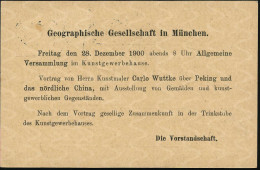 MUENCHEN 6 1900 (24.12.) 1K Auf Amtl. P 2 Pf. Rauten, Grau, + Rs. Zudruck: Geographische Gesellschaft.. Vortrag Des Küns - Geographie