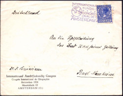 NIEDERLANDE 1938 (27.7.) Viol. SSt: AMSTERDAM/..CONGRES INTERNATI-/ONAL DE GEOGRAPHIE (Globus) Klar Auf Vordr.Bf.: Inter - Geography
