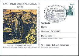 6610 LEBACH 1/ 500 Jahre/ Entdeckung AMERICAS/ Amerigo Vespucci/ ..TAG DER BRIEFMARKE 1992 (25.10.) SSt = A. Vespucci, S - Christophe Colomb