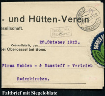 OBERCASSEL/ *(SIEGKREIS)* 1923 (23.10.) 1K-Brücke + Schw. Ra.2.: GEBÜHR/BEZAHLT , Gefalteter Firmen-Briefbogen Mit (gete - Sonstige & Ohne Zuordnung