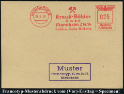 MANNHEIM 2/ Krauß-Bühler/ GmbH/ ..Kohlen-Koks-Brikett 1938 (21.3.) AFS-Musterabdruck Francotyp "Reichsadler" (Bergbau-Hä - Other & Unclassified