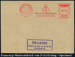 BRAUNSCHWEIG 1/ Bremer & Brückmann/ BLECHWARENFABRIK 1937 (17.4.) AFS-Musterabdruck Francotyp "Reichsadler" (Monogr.-Log - Autres & Non Classés