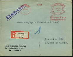 DUISBURG/ 2/ Klöckner Eisen-/ Aktiengesellschaft 1933 (28.3.) AFS Francotyp 055 Pf. + RZ: Duisburg 1 , Ausl.-R-Bf. N. Pa - Autres & Non Classés