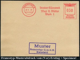 HANNOVER 1/ Brinker Eisenwerk/ Max H.Müller/ Werk I 1938/39 AFS-Musterdruck Francotyp "Reichsadler" , Glasklar Gest. Fra - Sonstige & Ohne Zuordnung