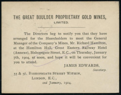 GROSSBRITANNIEN 1904 Reklame-P 1/2 D. Blaugrün + Rs Zudruck: THE GREAT BOULDER PROP.GOLD MINES (London) = Shareholder-Ei - Autres & Non Classés