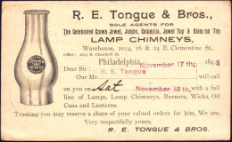 U.S.A. 1893 (16.11.) PP 1 C. Grant, Schw.: R.E.Tongue & Bros... LAMP CHIMNEYS..Philadelphia = Glaszylinder Für Petroleum - Glas & Brandglas