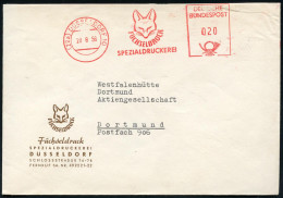 (22a) DÜSSELDORF 10/ FÜCHSELDRUCK/ SPEZIALDRUCKEREI 1956 (28.8.) AFS Postalia = Fuchs-Kopf , Motivgl. Firmen-Bf. (Dü.E-2 - Hunde