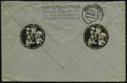 Wiesbaden 3 1943 (3.9.) 1K-Brücke + RZ: Wiesbaden 3, Rs. Abs.-4L: Peking Palast-Hund, Zwinger "Chou-Wang".. + 2 Dekorati - Honden