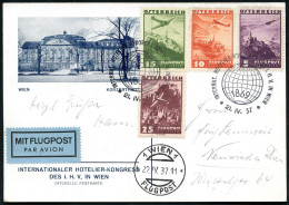 ÖSTERREICH 1937 (21.4.) SSt: WIEN/INTERNAT. HOTELIER-KONGRESS DES I.H.V. (Globus) 2x Auf Flp. 5, 10, 15 U. 25 Gr. (Mi.59 - Autres & Non Classés