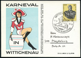 7707 WITTICHENAU/ Helau/ 275 JAHRE KARNEVAL 1981 (1.3.) SSt = Narrenkopf (m. Kappe) Klar Gest. Sondekarte "Tanzmariechen - Carnaval