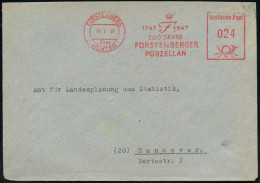 FÜRSTENBERG/ über/ HÖXTER/ 1747 1947/ 200 JAHRE/ FÜRSTENBERGER/ PORZELLAN 1948 (14.1.) Jubil.-AFS Francotyp = PSt.I (Sig - Porzellan