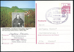 7160 GAILDORF 1/ 200./ Geburtstag Von/ Justinus Kerner.. 1986 (9.11.) SSt = Kopfbild Kerner (u. Turm) Auf Passender BiP  - Escritores