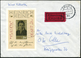 D.D.R. 1973 (4.5.) 1 M. "175. Geburtstag Heinr. Heine", Block-EF , Sauber Gest. BRD-Eil-Bf. N. Celle (AS Vs.) (Mi.Bl.17  - Schrijvers