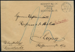 WEIMAR/ *1*/ KOMMT NACH/ WEIMAR/ 1932/ GOETHEJAHR 1932 (22.3.) MWSt + Viol. Ra.: Nachgebühr ("12" Pf.) Rs. Viol. Abs.-Hd - Schriftsteller