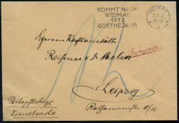 WEIMAR/ *1*/ KOMMT NACH/ WEIMAR/ 1932/ GOETHEJAHR 1932 (22.3.) MWSt + Viol. Ra.: Nachgebühr ("12" Pf.) Rs. Viol. Abs.-Hd - Writers