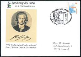 66482 ZWEIBRÜCKEN.PFALZ 1/ 1770 In/ Zweibrücken/ J.W.v.Goethe.. 1998 (19.9.) SSt = Goethe-Brustbild Auf Motivgl. PU 110  - Writers