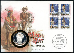 B.R.D. 1987 (12.2.) 80 Pf. "75. Todestag Karl May", 4er-Block = Winnetou + ET-SSt.: 5300 BONN 1 + Karl-May-Medaille = Mü - Writers