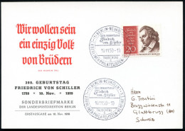 (1) BERLIN-NEUKÖLLN 1/ 200.GEBURTSTAG/ Friedr./ V.Schiller/ TAUSCHTAG/ C/ .. 1959 (10.11.) SSt Auf EF 20 Pf. Schiller (M - Ecrivains