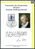 71672 MARBACH/ 100 Jahre/ Deutsche Schillergesellschaft.. 1995 (5.5.) SSt Auf 100 Pf. Schiller Auf Postamtl. Gedenkblatt - Writers