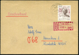 D.D.R. 1968 (9.7.) 20 Pf. Maxim Gorki, EF + R-Zettel-SbPA 50 Pf. "1132 Berlin/b/SbPA/Gebühr Bezahlt" (Mi.2) + R-Einl.-Sc - Ecrivains