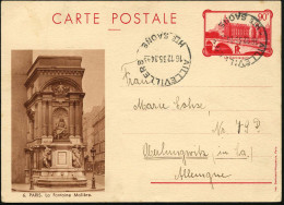 FRANKREICH 1935 (16.12.) 90 C. BiP "La Conciergerie", Rot: PARIS = Molière-Brunnen , Bedarfs-Ausl.-Kt.! (Mi.P 64/06) - F - Writers