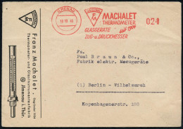 ILMENAU/ ..FM/ MACHALET/ THERMOMETER/ GLASGERÄTE/ ZUG-u.DRUCKMESSER 1946 (18.10.) Seltener, Total Aptierter AFS Francoty - Climate & Meteorology