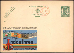 BELGIEN 1938 35 C. Reklame-P. Wappenlöwe, Grün + Amtl. Aufwertung Mit Freistempel 5 C.: Indanthren, Les Saisons Changent - Climat & Météorologie