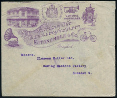 THAILAND 1919 (2.9.) Viol. Reklame-Bf.: GENERAL IMPORTERS.. RATANAMALA & Co = Grammophon U. Trompete (u. Uhr, Fahrrad U. - Música