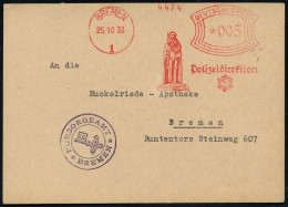 BREMEN/ 1/ Polizeidirektion 1933 (25.10.) AFS Francotyp = Bremer Roland (u. Polizeistern) + HdN: FÜRSORGEAMT, Orts-Karte - Musique