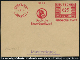 LÜBBECKE/ (WESTF.)/ DEG/ Deutsche/ Efesol-Ges. 1933 (10.8.) AFS-Musterabdruck Francotyp "Mäanderrechteck"  = Roland (mit - Music