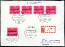 B.R.D. 1972 (29.9.) 40 Pf. "300. Todestag H.Schütz", Reine MeF: 4er-Streifen + Einzelst. + ET-SSt (Bonn 1) + RZ: 53 Bonn - Muziek