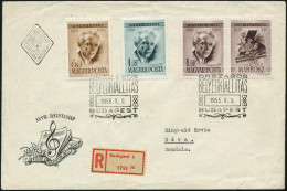 UNGARN 1955 (9.10.) Bela Bartok, Kompl.Satz , 1 Ft. Mit Zierfeld + SSt: BUDAPEST + Roter RZ: Budapest 4, Ausl.-R-FDC-SU  - Música