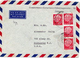 69782 - Bund - 1955 - 4@20Pfg Heuss I A LpBf KONSTANZ - ... -> Rochester, NJ (USA) - Storia Postale