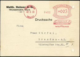 TROSSINGEN/ (Württ.)/ HOHNER/ DIE/ WELTMARKE 1933 (Aug.) AFS Francotyp = Mundharmonika , Firmen-Kt. (Reg.-Lochung Geschl - Musique