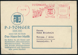 KÖLN/ 1/ P.J.TONGER/ Versand In Alle Welt/ SEIT 1822 1941 (1.12.) AFS Francotyp, Text Teils Sütterlin = Notenzeile (u. N - Musik