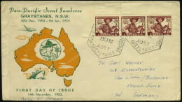 AUSTRALIEN 1952 (29.12.) 3 1/2 P. "Pan-Pacific Scout Jamboree", Reine MeF: Bogen-Eckrand-3er-Streifen + SSt.: GREYSTANES - Lettres & Documents