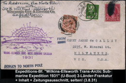 NORWEGEN /  U.S.A. /  GROSSBRITANNIEN 1931 (3.8.) Wilskins-Ellsworth Trans-Arctic U-Boot-Expedition, 3-Länder-Frnkatur N - Arctic Expeditions